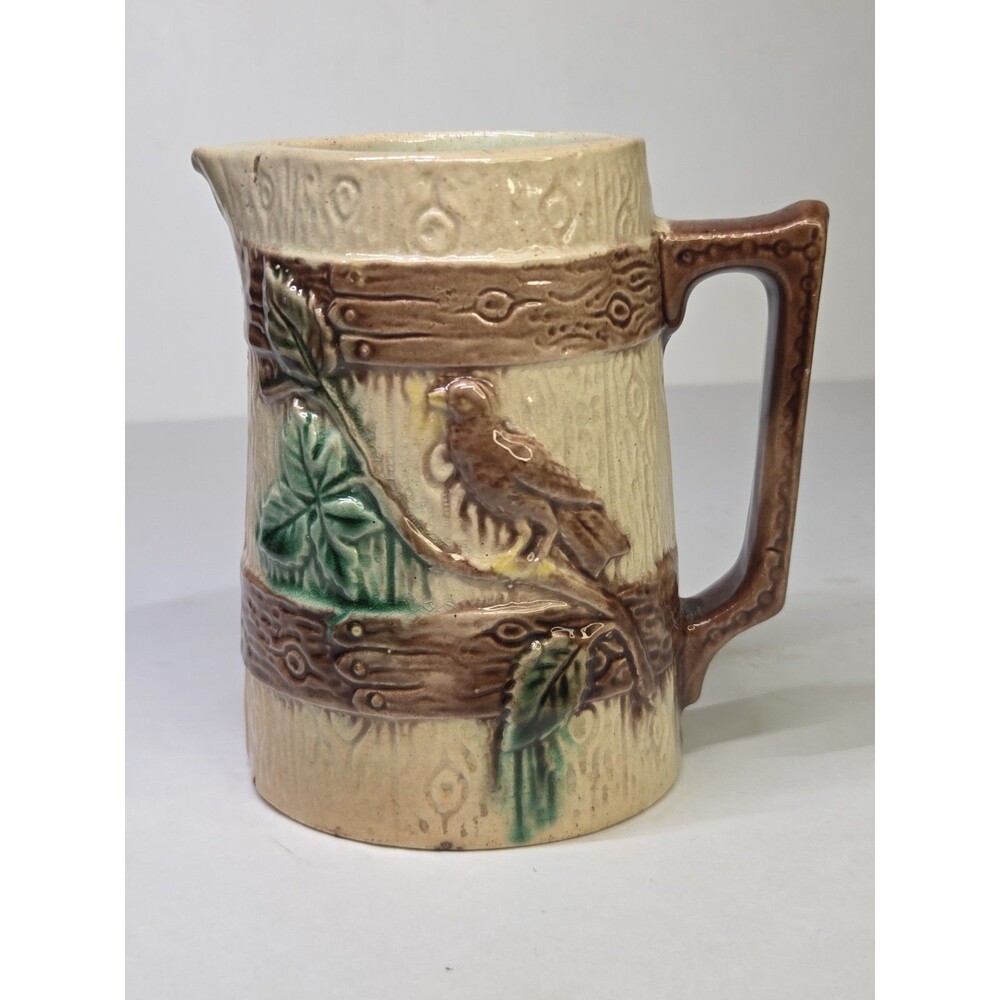Antique Majolica Bark Texture Bird & Barrel Branch Small Pitcher Jug Floral 5"